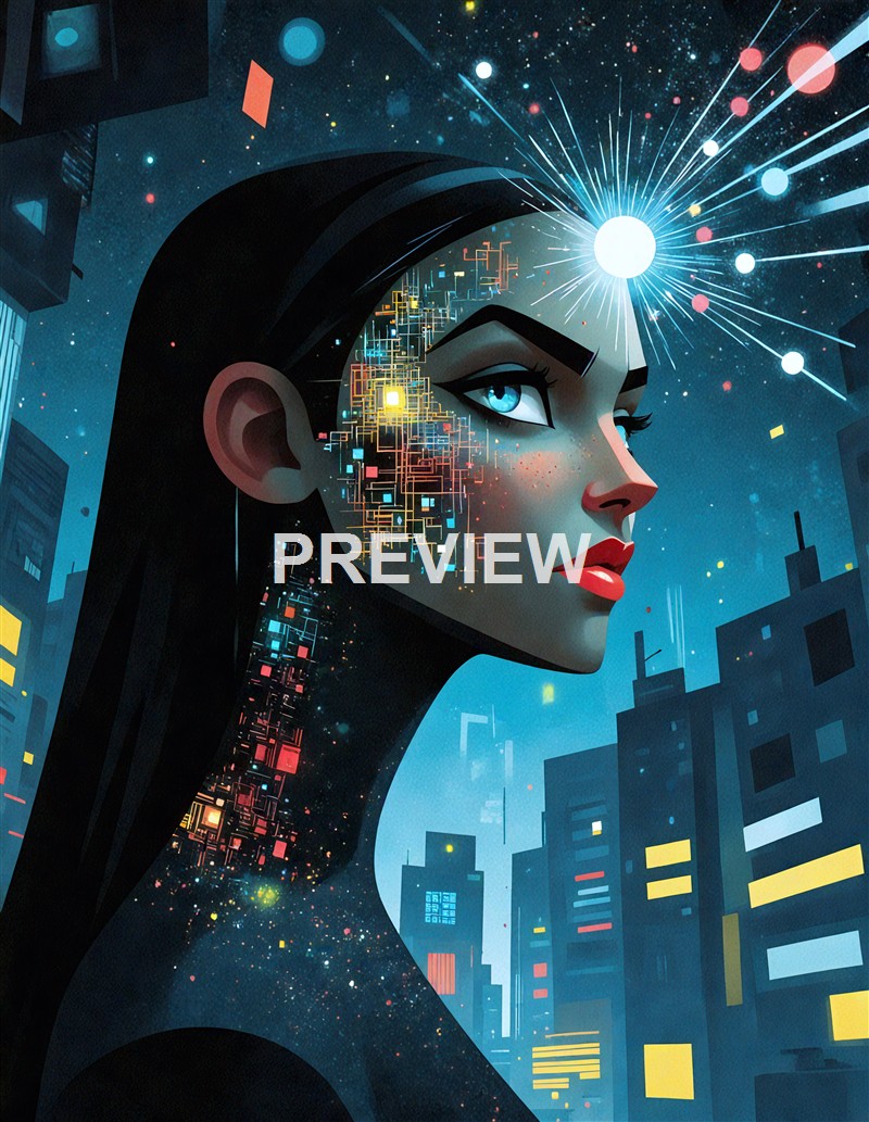 A futuristic digital illustration of a woman with cybernetic elements on her face and a glowing light above her forehead, set against a cityscape with tall buildings and a starry sky.